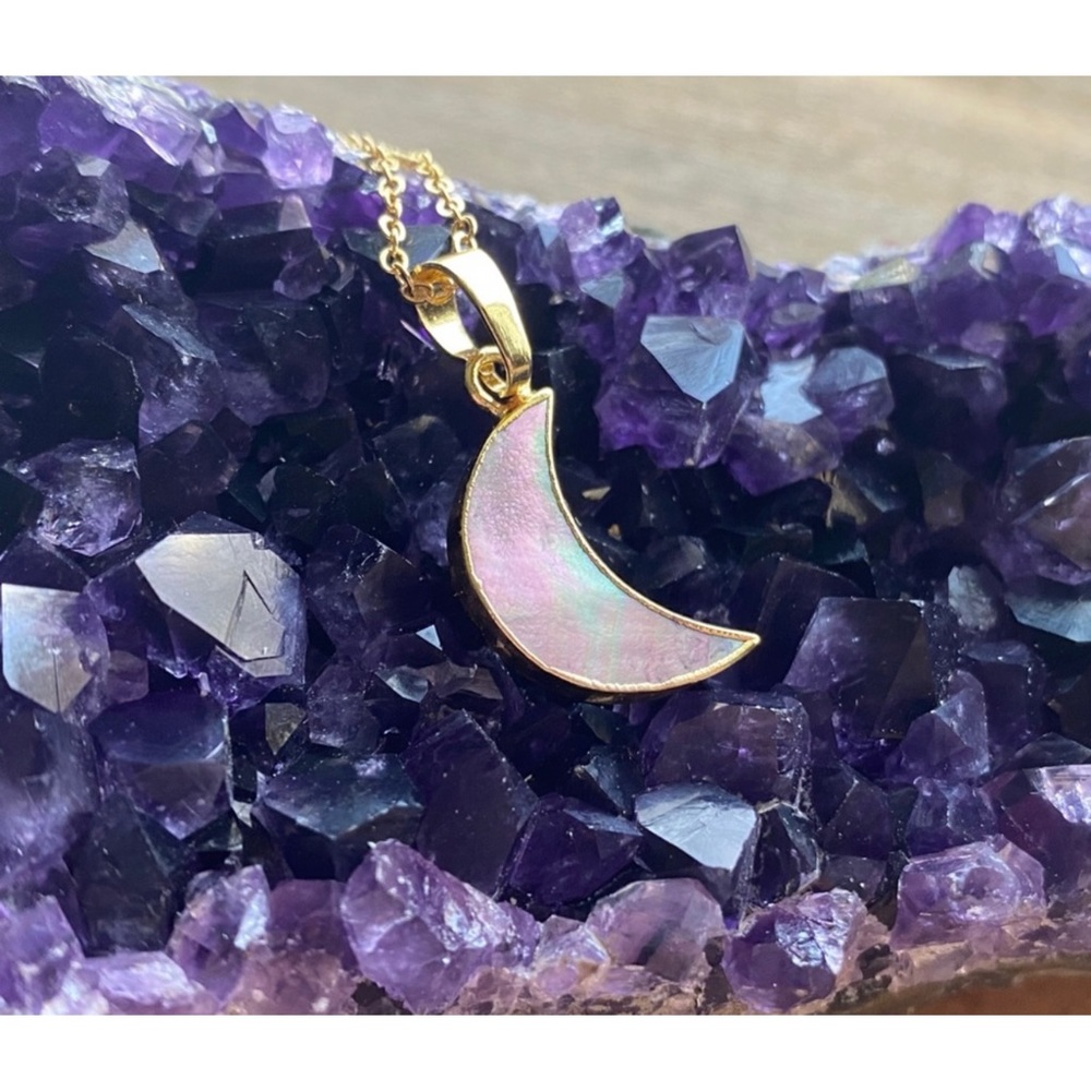 1 LEFT! Mother of Pearl Crescent Moon 22K Gold Necklace - Picture 8 of 11